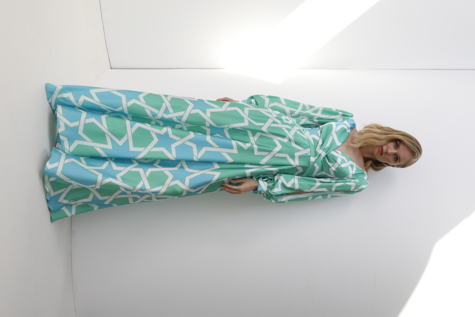 Mint and sky blue geometric star print chiffon gown with balloon sleeves and V-neck