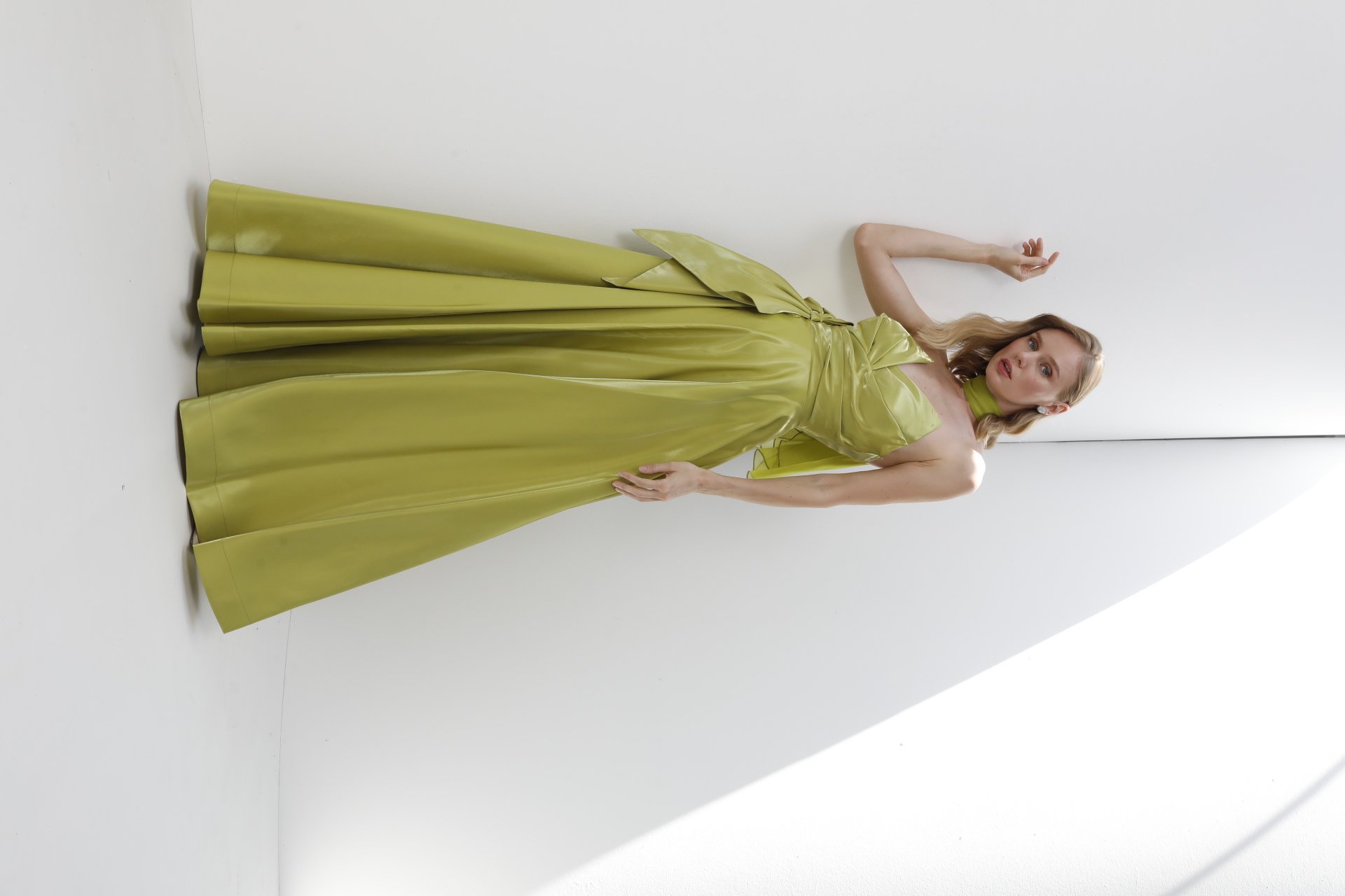 Chartreuse satin strapless ball gown with bow detail and chiffon scarf