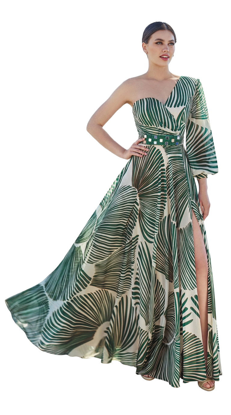 Green palm-print one-shoulder maxi dress with jewelled belt and side slit
