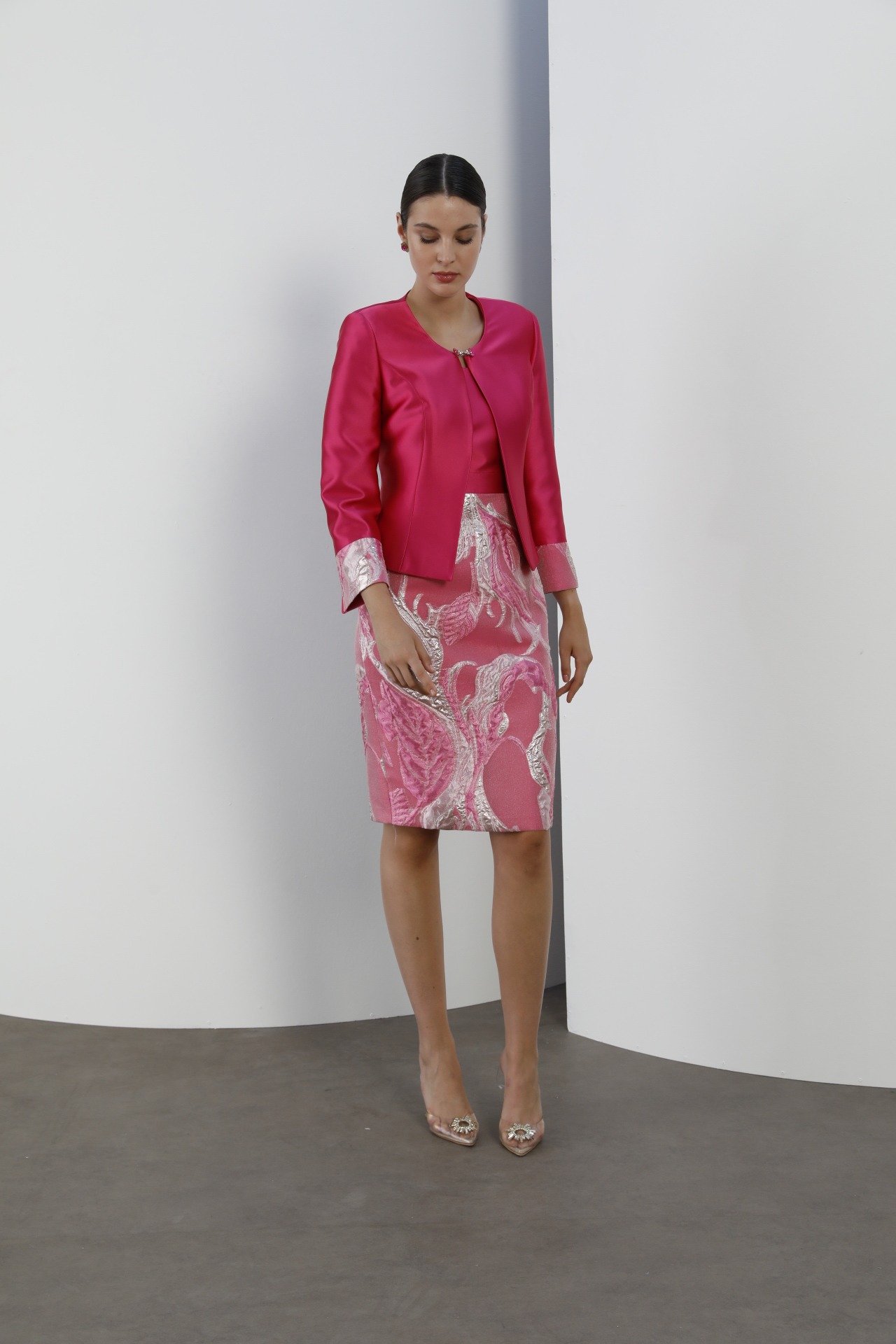 Fuchsia satin jacket with pink jacquard pencil skirt