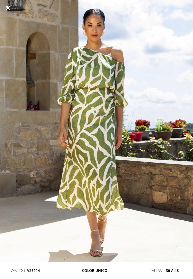 Green and ivory leaf-print off-shoulder midi dress with blouson sleeves