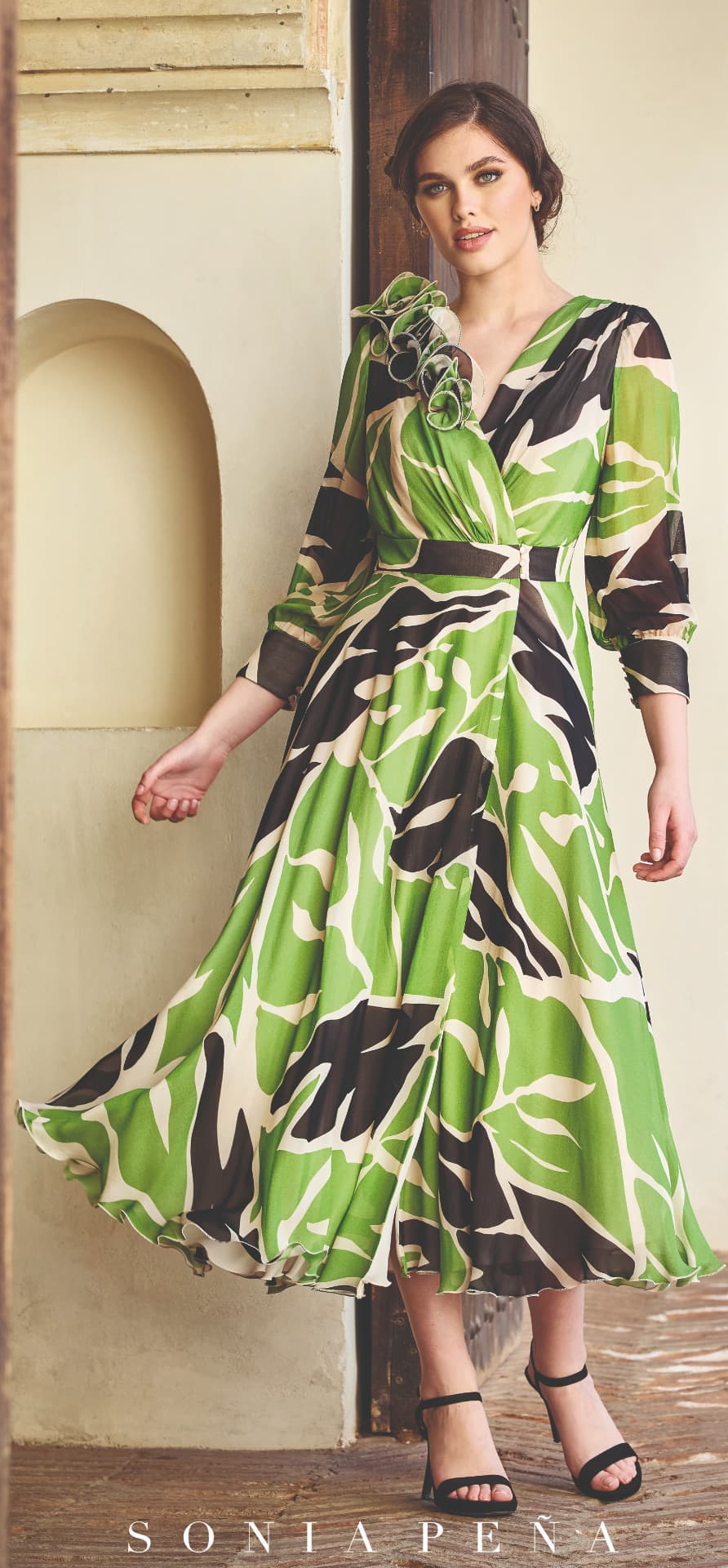 Green abstract leaf-print midi dress with ruffle shoulder and sheer sleeves